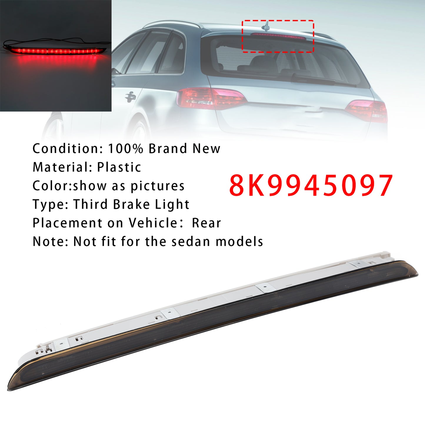 Rear Brake Light Third Stop Lamp Light 8K9945097 For Audi A4 RS4 B8 Avant Black
