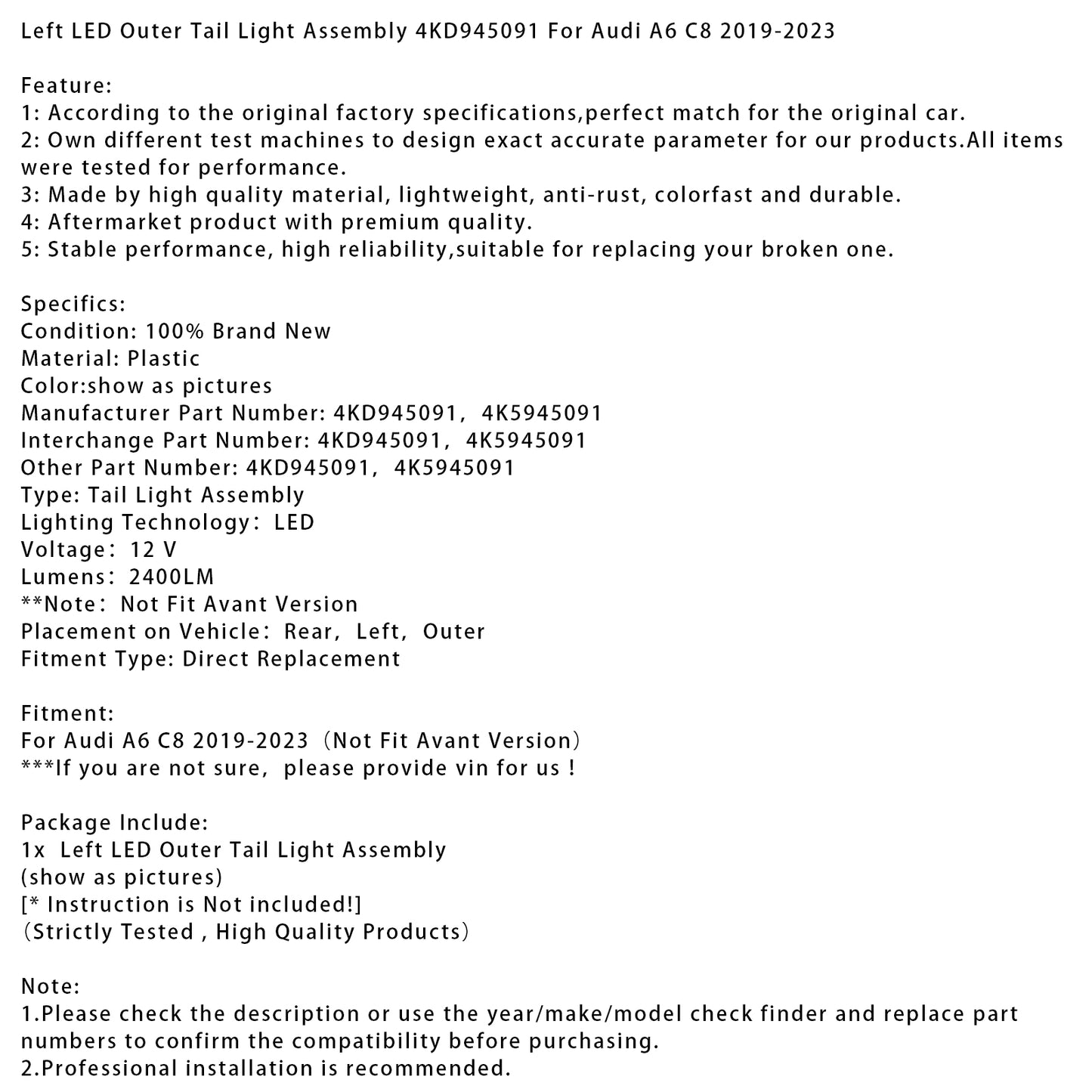 Left LED Outer Tail Light Assembly 4KD945091 For Audi A6 C8 2019-2023