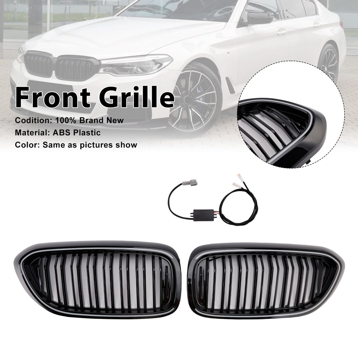 Gloss Black Double Slat Front Kidney Grille Fit BMW 5 Series G30 G31 2017-2020