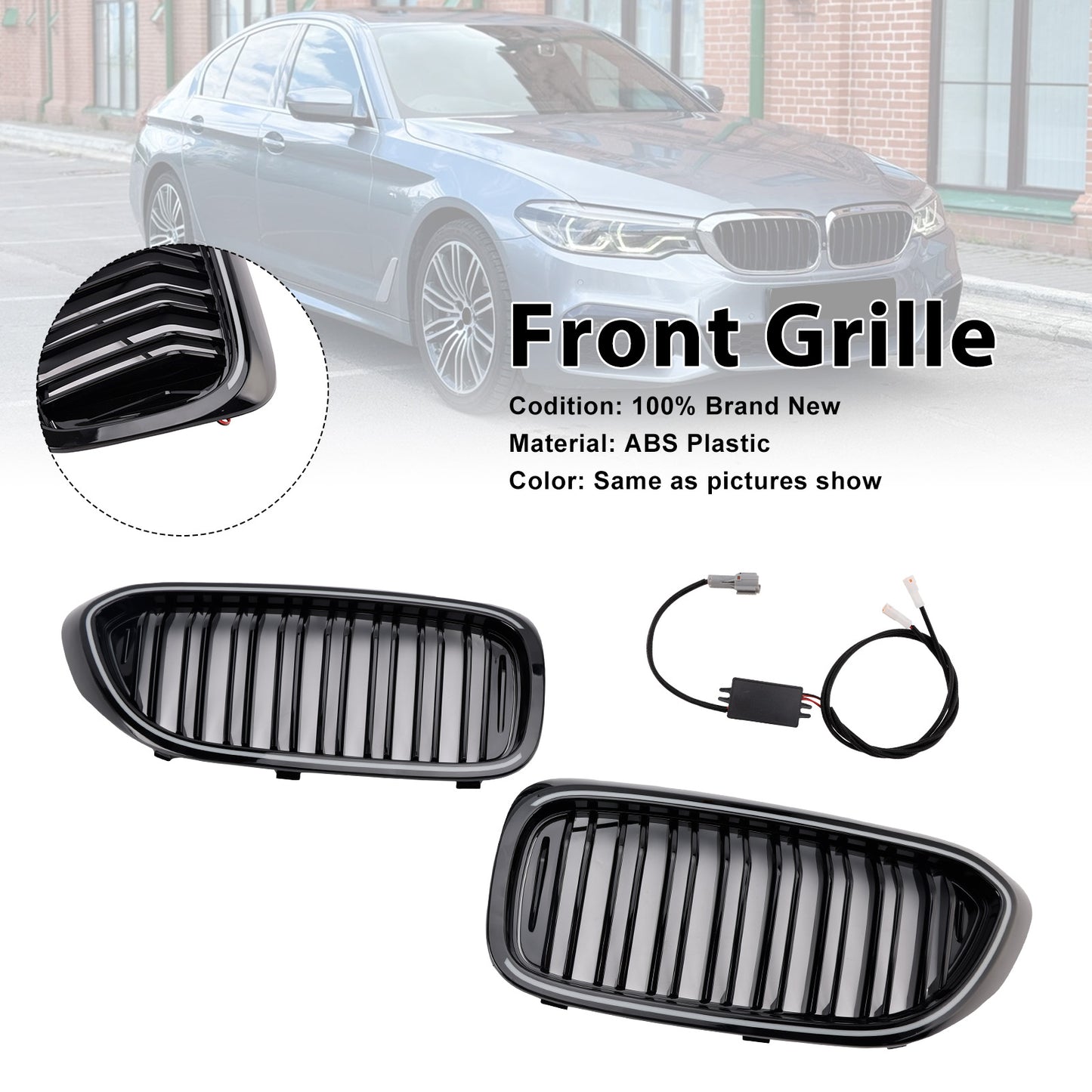 Gloss Black Double Slat Front Kidney Grille Fit BMW 5 Series G30 G31 2017-2020