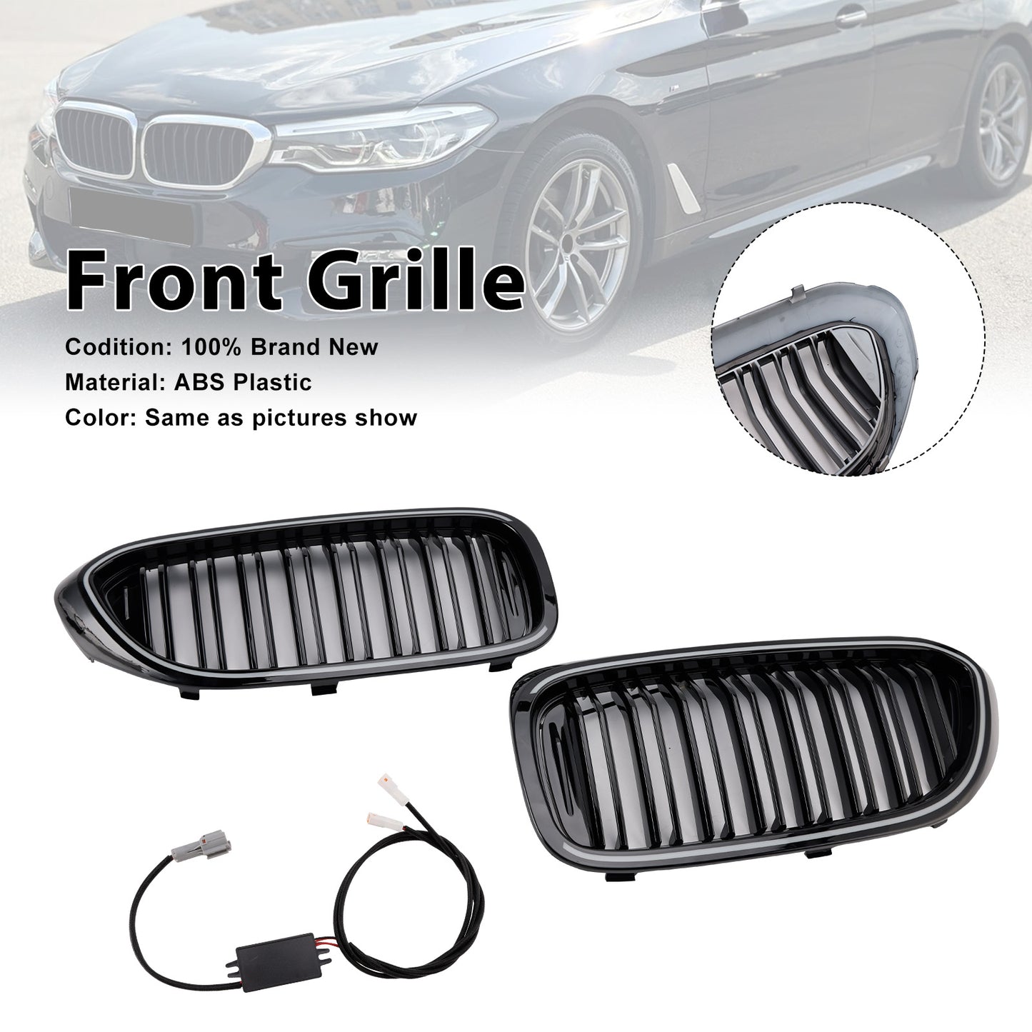 Gloss Black Double Slat Front Kidney Grille Fit BMW 5 Series G30 G31 2017-2020