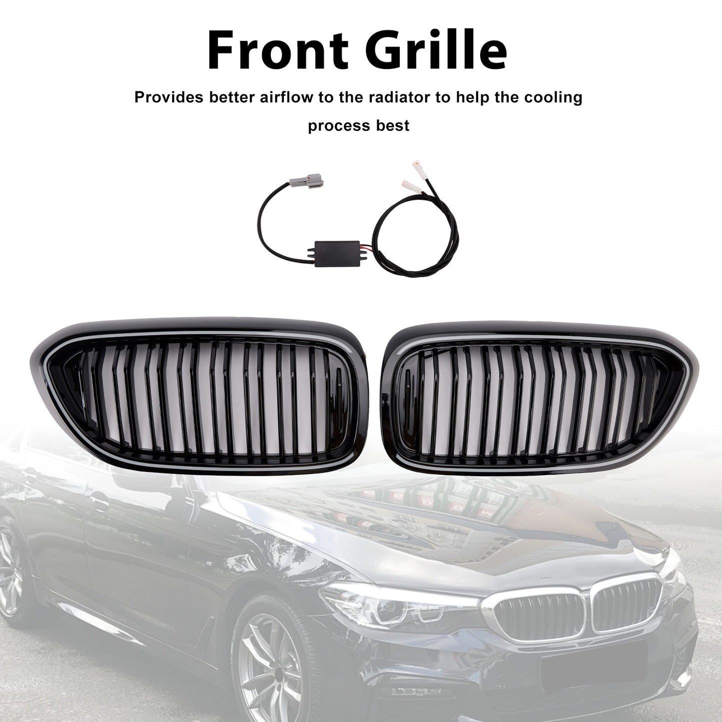 Gloss Black Double Slat Front Kidney Grille Fit BMW 5 Series G30 G31 2017-2020