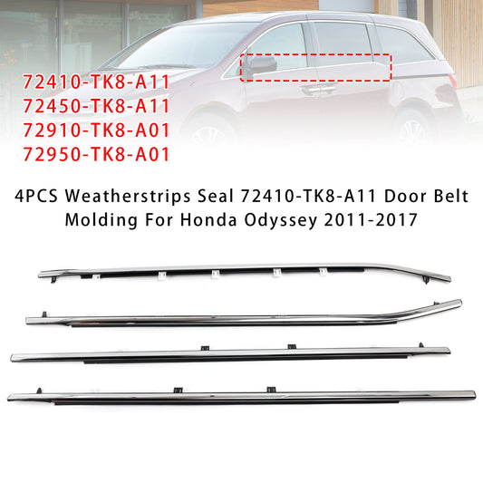 4PCS Weatherstrips Seal 72410-TK8-A11 Door Belt Molding For 2011-2017 Odyssey 72950-TK8-A01  72450-TK8-A11