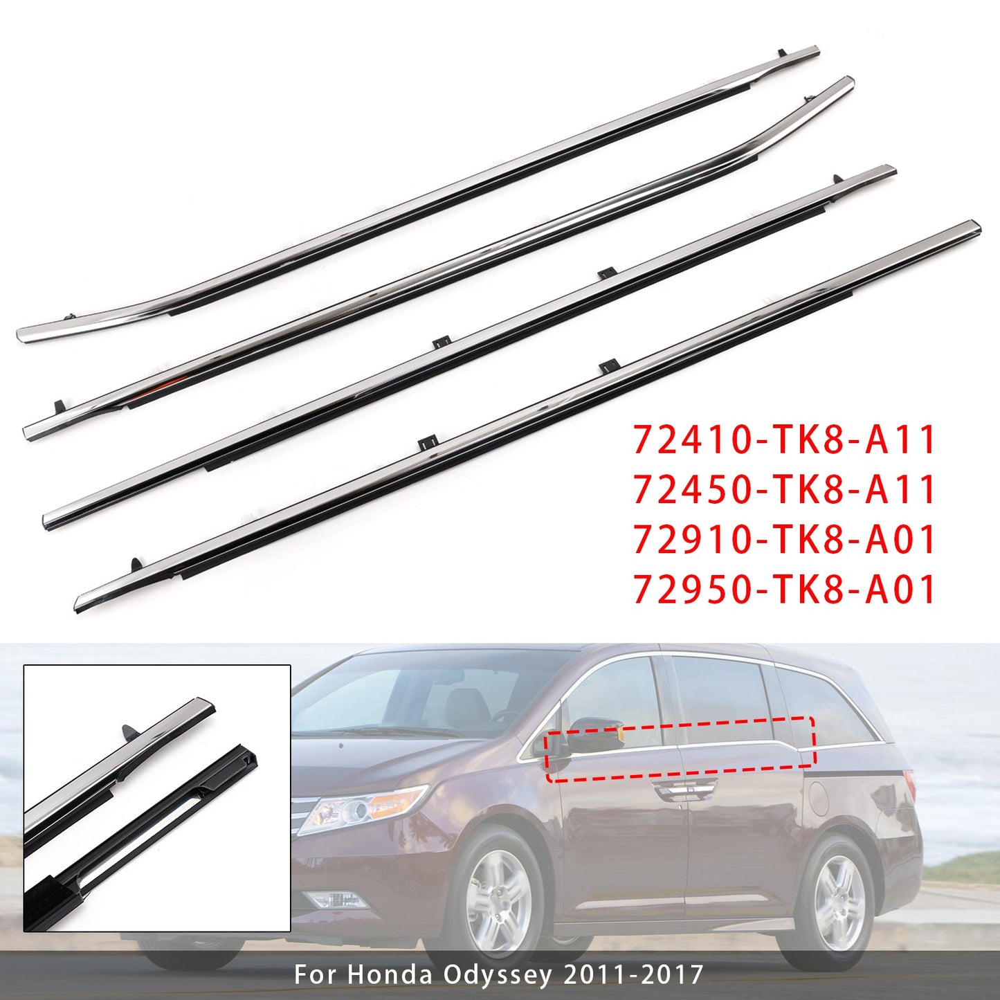 4PCS Weatherstrips Seal 72410-TK8-A11 Door Belt Molding For 2011-2017 Odyssey 72950-TK8-A01  72450-TK8-A11
