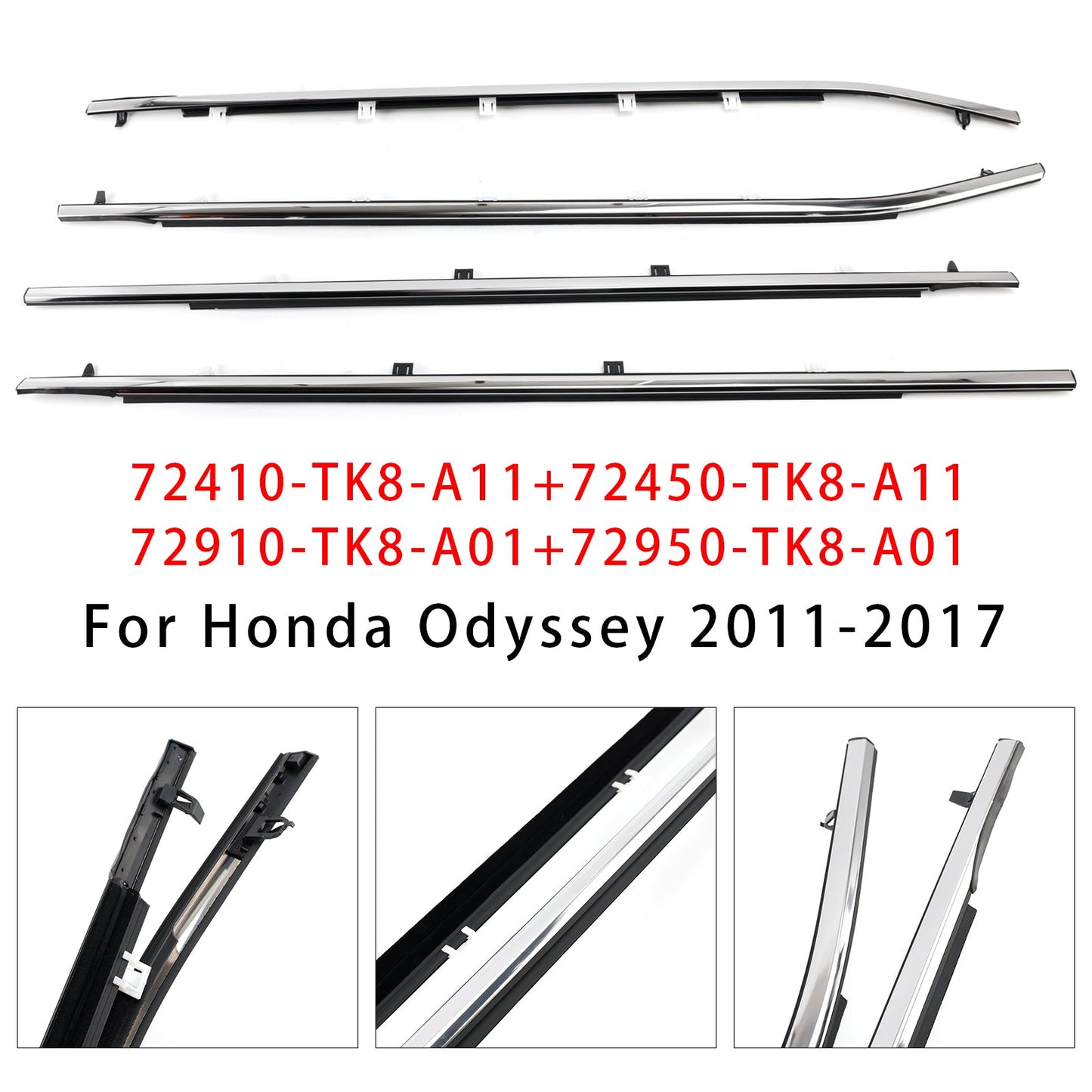 4PCS Weatherstrips Seal 72410-TK8-A11 Door Belt Molding For 2011-2017 Odyssey 72950-TK8-A01  72450-TK8-A11