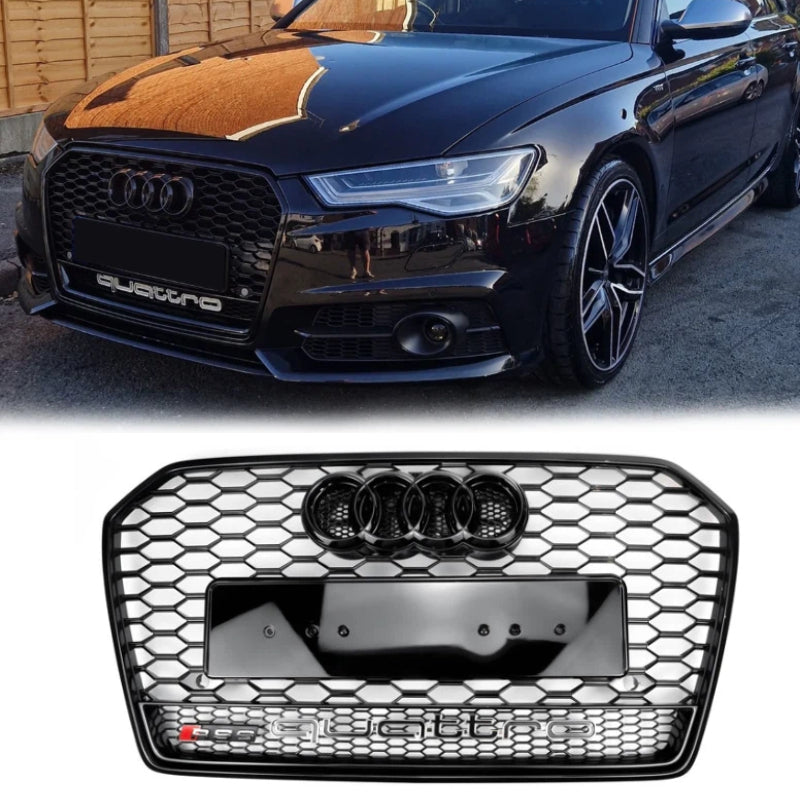 Audi A6 / A6 Sline / S6 C7 2015-2018 RS6 Quattro Style Black Grill Honeycomb Mesh Front Bumper Grille With Black Ring Emblem