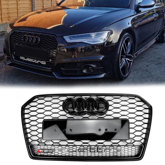Audi A6 / A6 Sline / S6 C7 2015-2018 RS6 Quattro Style Black Grill Honeycomb Mesh Front Bumper Grille With Black Ring Emblem