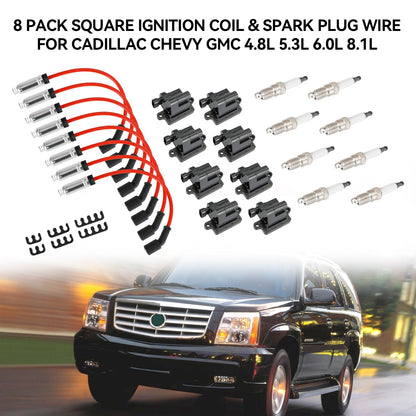 8 Pack Square Ignition Coil & Spark Plug Wire 12556893 12558693 For Chevy GMC 4.8L 5.3L 6.0L 8.1L