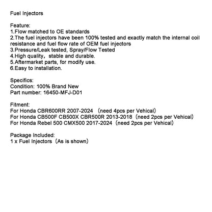 Honda CB500F CB500X CBR500R 2013-2018need 2pcs per Vehical Fuel Injectors 16450-MFJ-D01