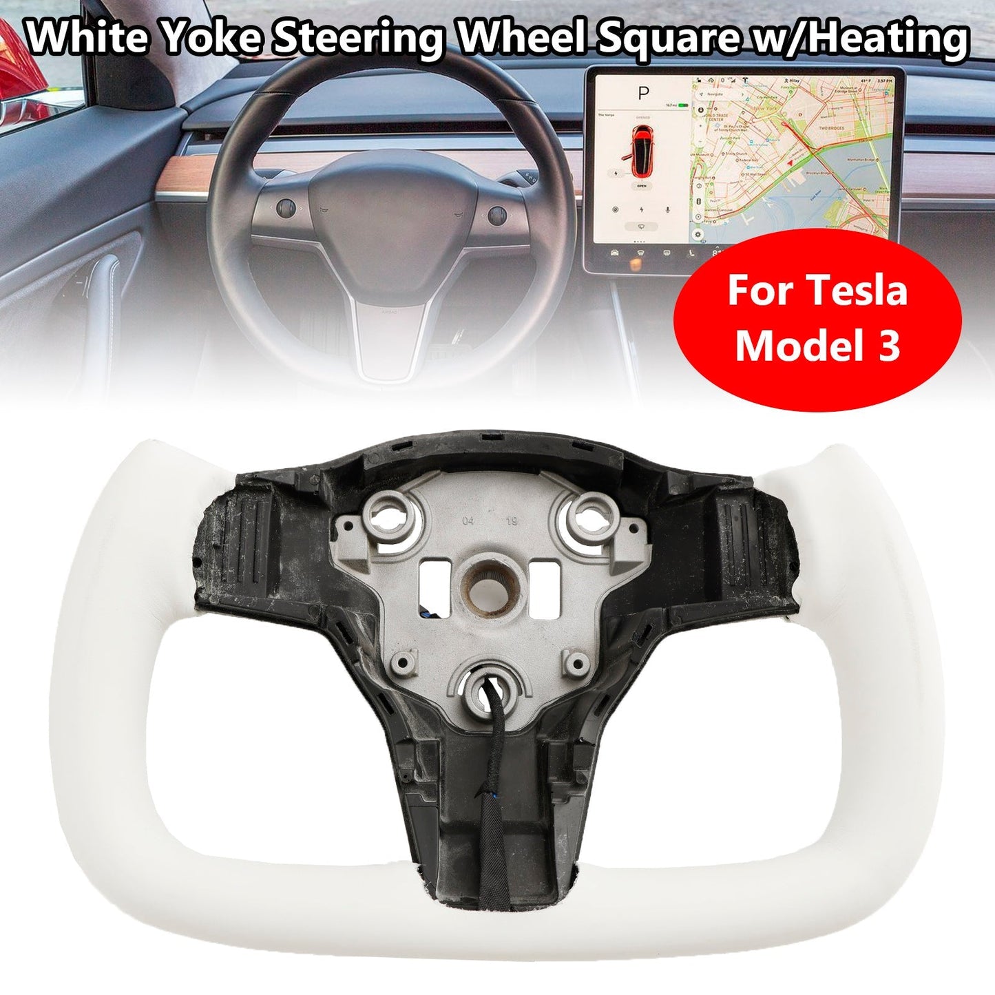 2017-2023 Tesla Model 3 Yoke Steering Wheel Square White Leather w/Heating