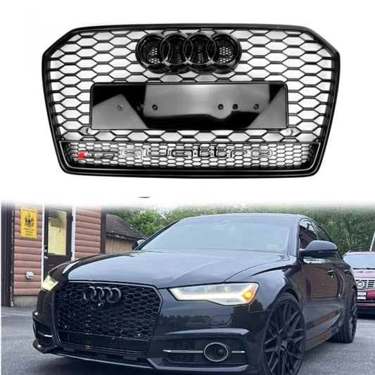 2015-2018 Audi A6 / A6 Sline / S6 C7 To RS6 Quattro Style Black Grill Honeycomb Mesh Front Bumper Grille With Black Ring Emblem