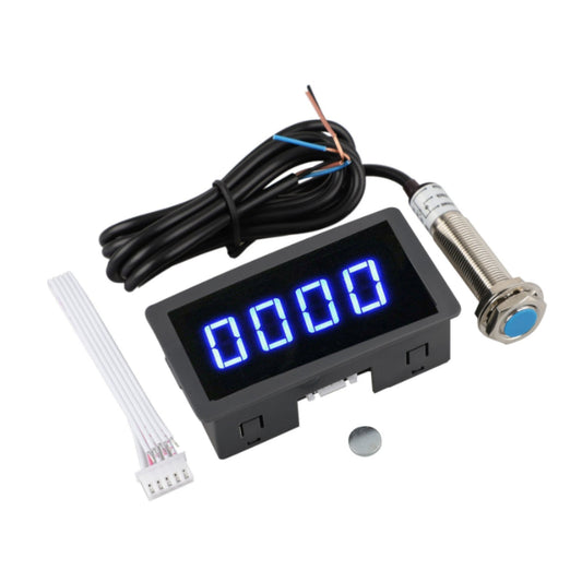 4 Digital LED Tachometer RPM Speed Meter With Hall Proximity Switch Sensor NPN, Blue