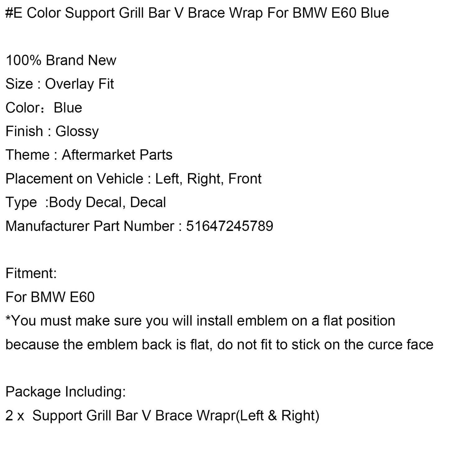 #E Color Support Grill Bar V Brace Wrap For BMW E60 Blue