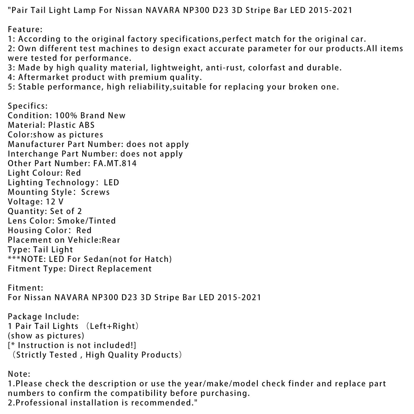 2015-2021 Nissan Navara NP300 D23 3D Stripe Bar LED Pair Tail Light Lamp FA.MT.814