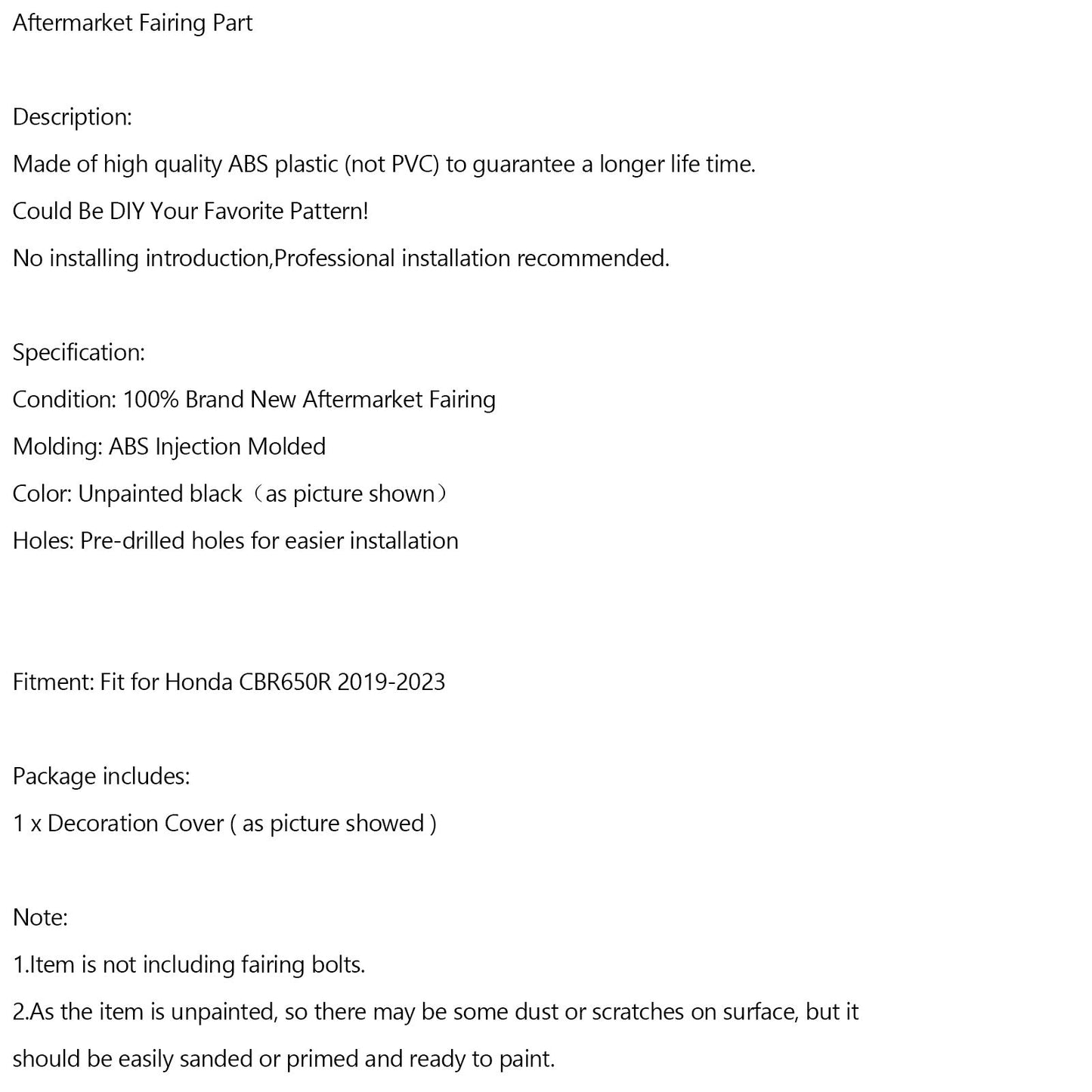 2019-2023 Honda CBR650R Unpainted ABS Front Headlight Nose Cover Protector