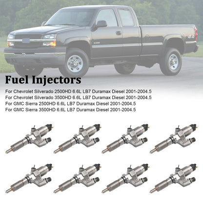 2001-2004.5 Chevy Silverado 2500HD/3500HD 6.6L LB7 Duramax Diesel 8PCS Fuel Injectors 0445120008 0986435502 97208074