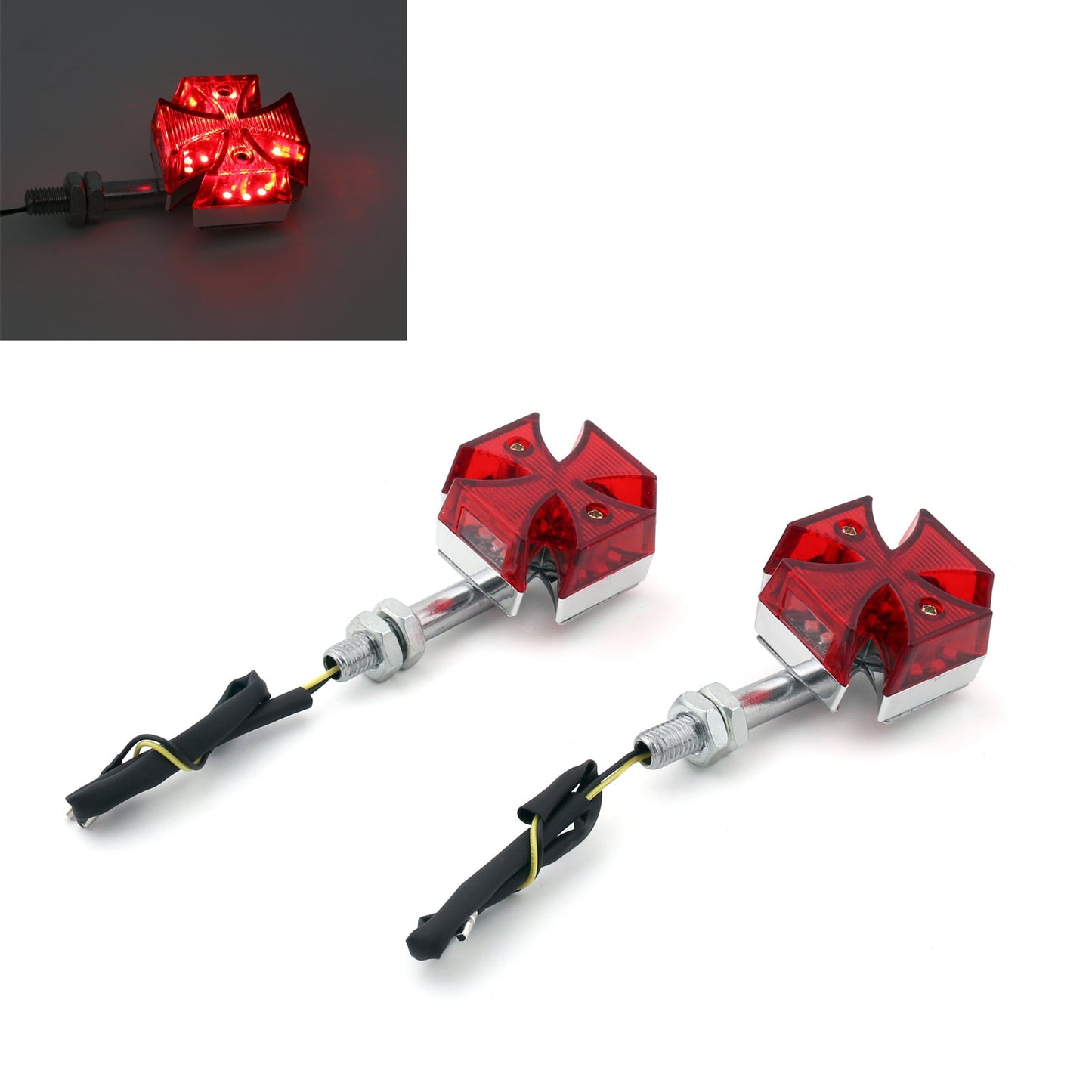 Harley Motorcycle 2PS DC 12-Volt Custom Red Maltese Cross LED Turn Signal Light