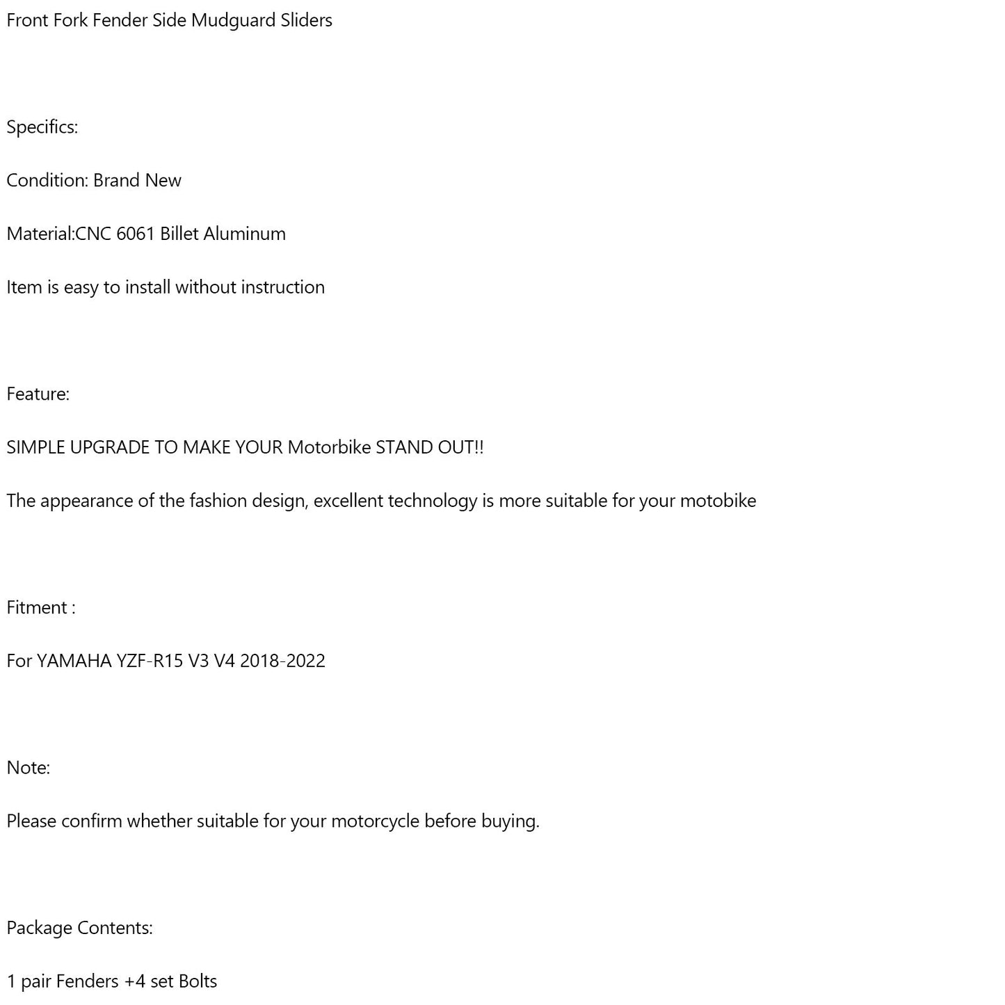 2018-2022 YAMAHA YZF-R15 V3 V4 CNC Front Fork Fender Side Mudguard Sliders
