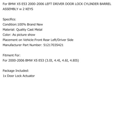 BMW X5 E53 2000-2006 LEFT DRIVER DOOR LOCK CYLINDER BARREL ASSEMBLY w/ 2 KEYS