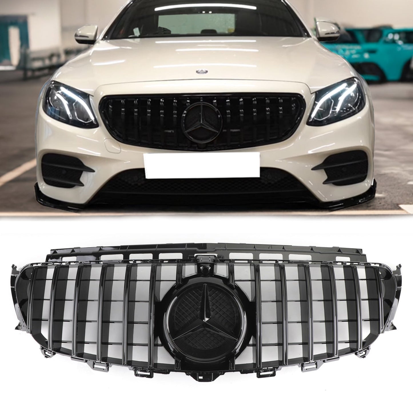 Mercedes Benz W213 E-Class 2016-2019 Front Bumper Grill GTR Style Glossy Black Grille W/ Star Emblem & AMG Emblem