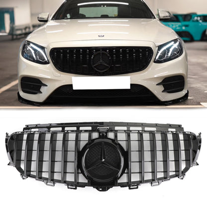 Mercedes Benz W213 E-Class 2016-2019 Front Bumper Grill GTR Style Glossy Black Grille W/ Star Emblem & AMG Emblem