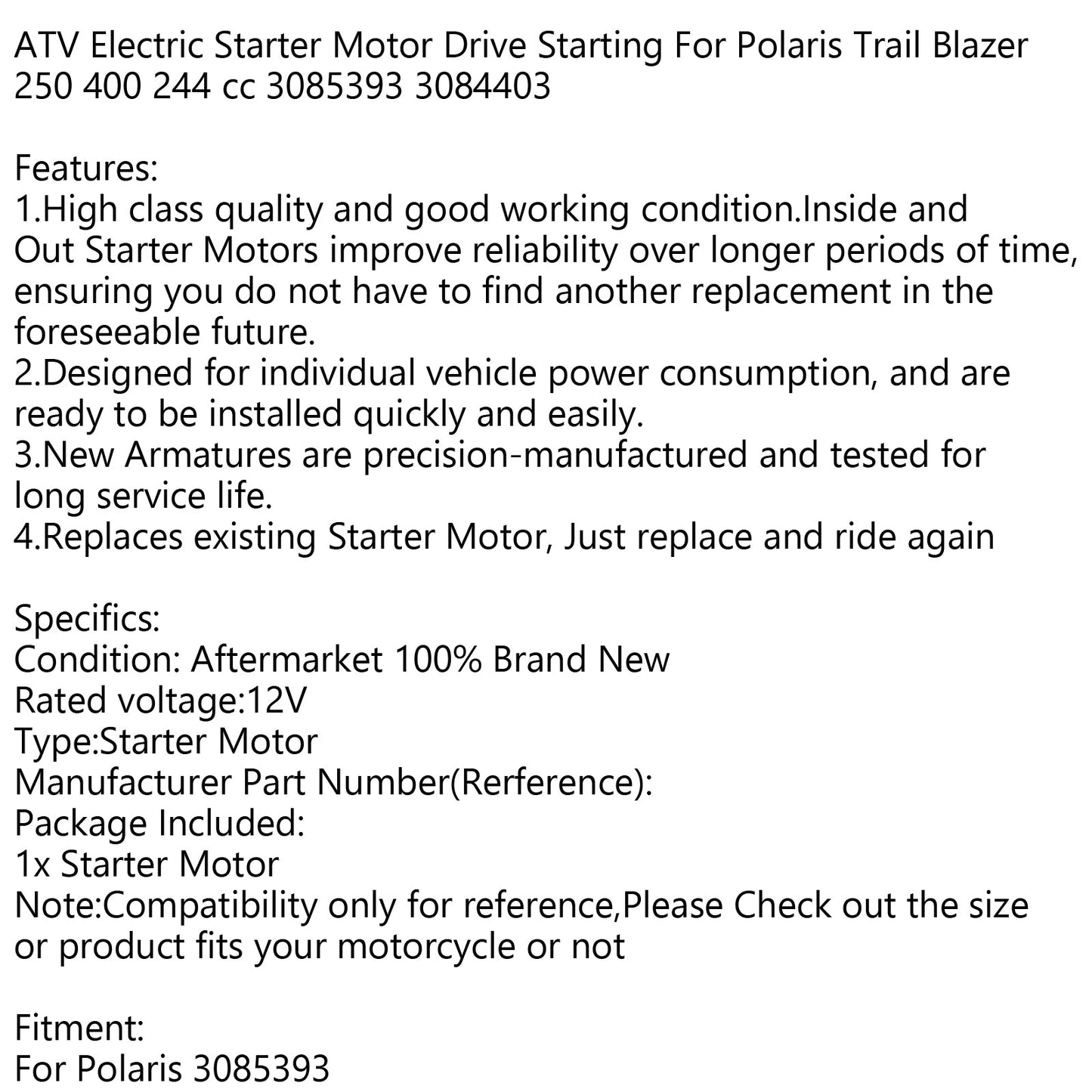 ATV Starter Motor Drive For Polaris Trail Blazer 250 400 244 cc 3085393 3084403 Champoo