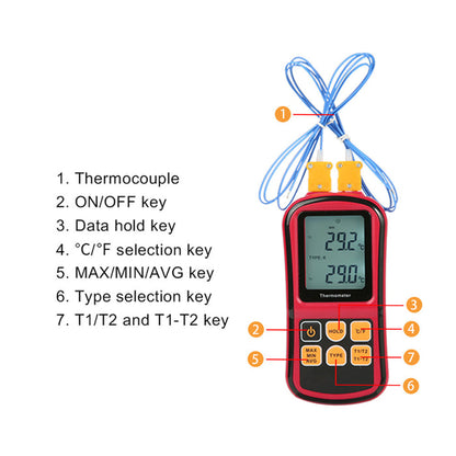 Digital Dual Channel Thermometer With 2 K-Type Thermocouple Sensor Tester