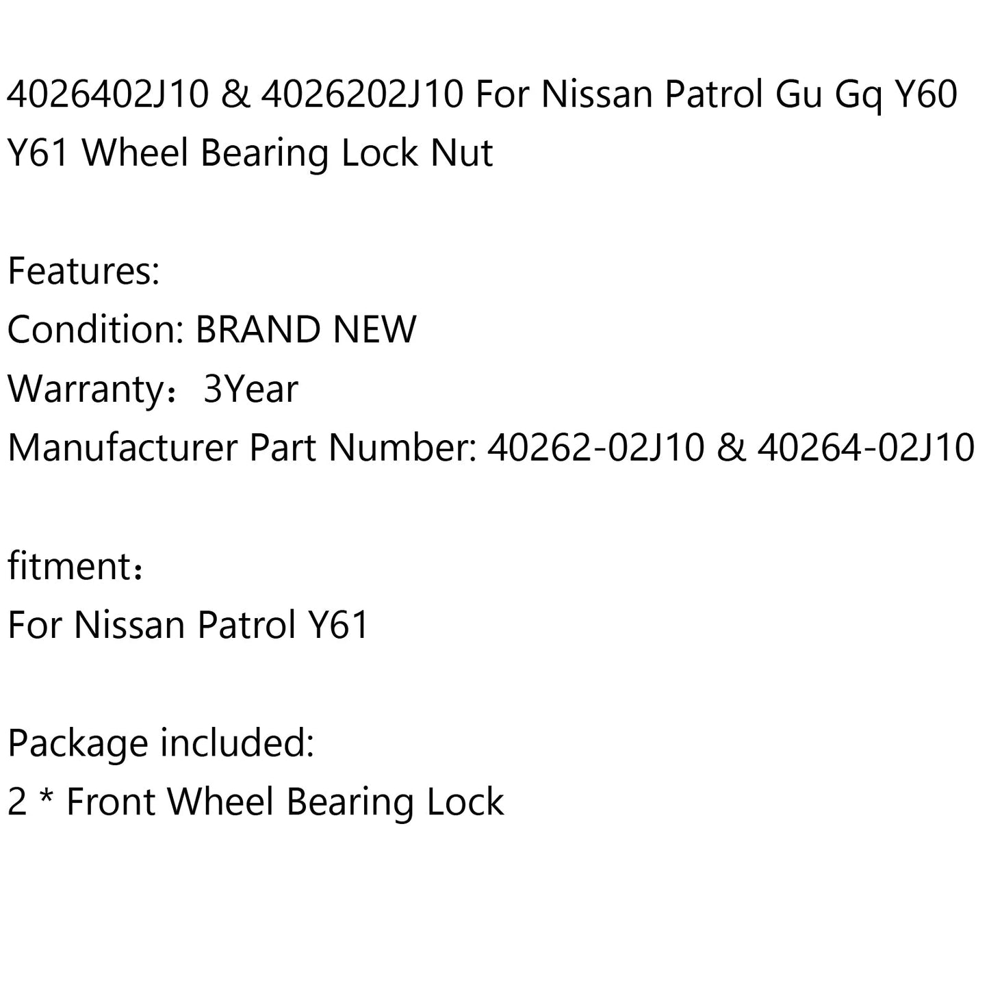 4026402J10 & 4026202J10 For Nissan Patrol Gu Gq Y60 Y61 Wheel Bearing Lock Nut
