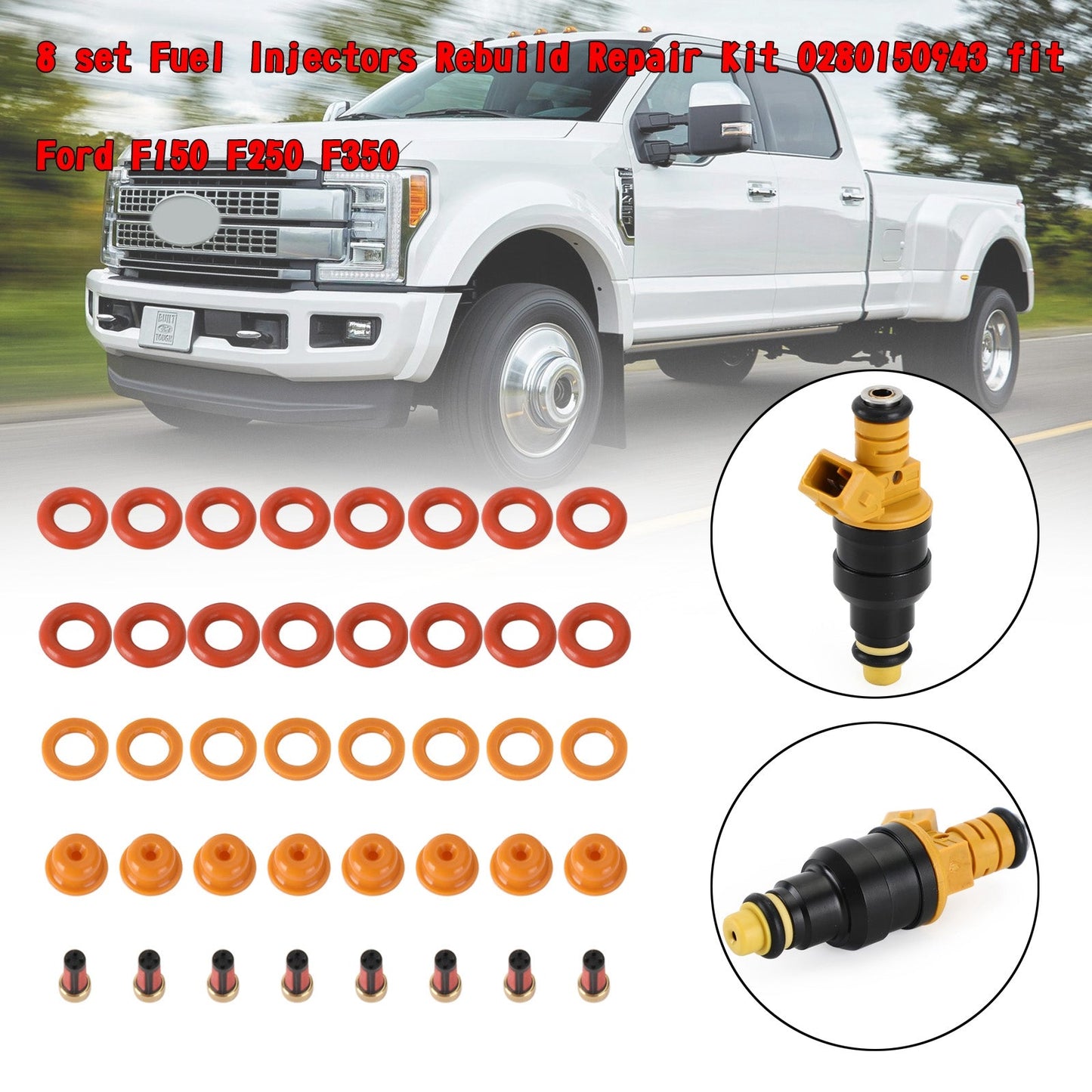 1990-1991 Ford E-250 Econoline 5.0L V8 8 set Fuel Injectors Rebuild Repair Kit 0280150943