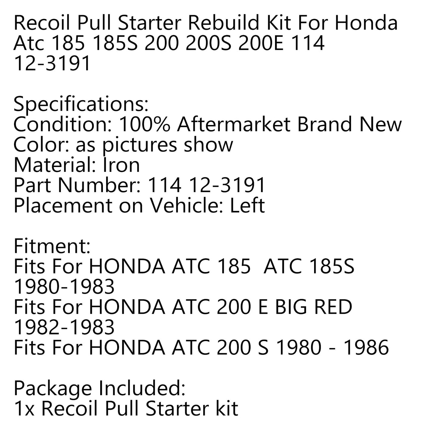 Rebuild Kit Recoil Pull Starter For Honda Atc 185 185S 200 200S 200E 114 12-3191