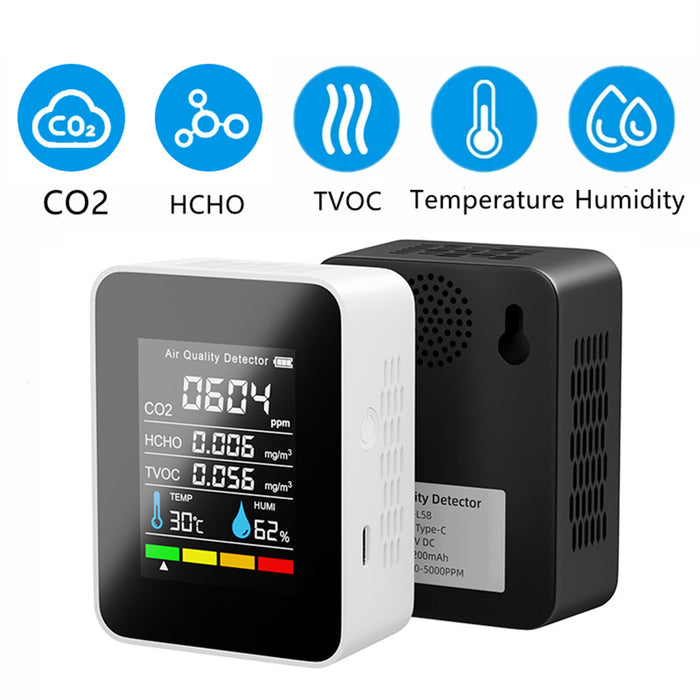 Portable TVOC HCHO CO2 Air Quality Detector Temperature Humidity Tester Monitor, White