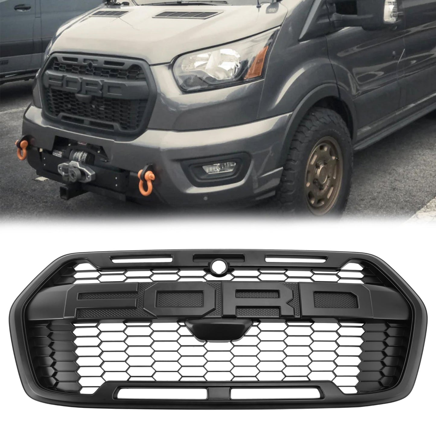 Ford Transit T150 T250 T350 MK8 2020-2024 Raptor Style Front Grille Replacement Honeycomb Black Grill