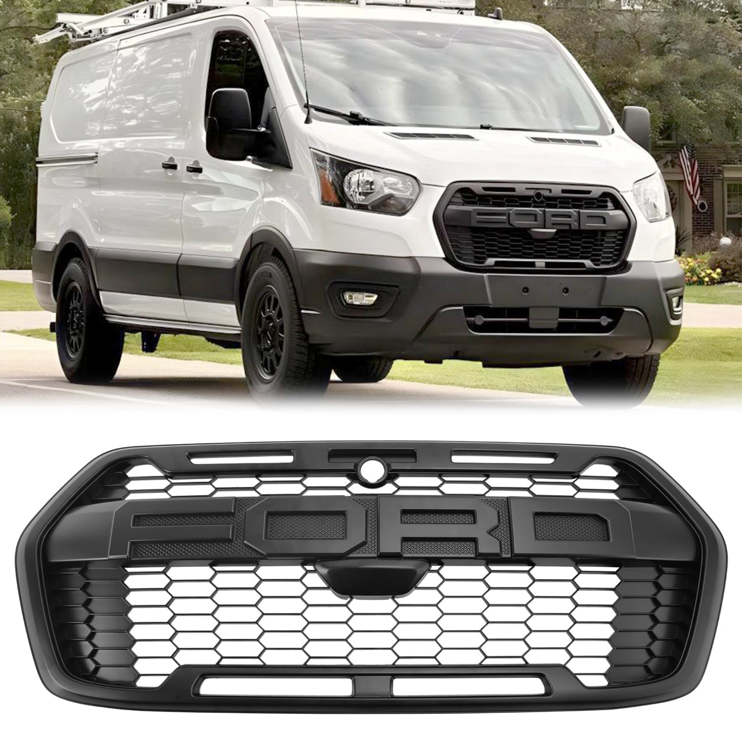 Raptor Grille | Ford Transit MK8 | 2020-2024 | Matte Black | Front Bumper Honeycomb Grill With Letter