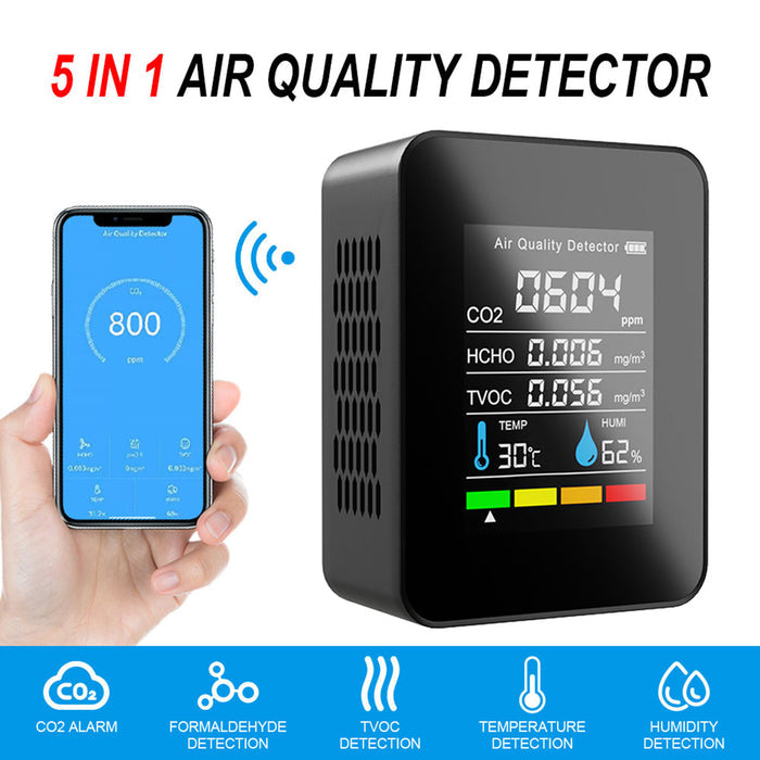 Portable TVOC HCHO CO2 Air Quality Detector Temperature Humidity Tester Monitor, White