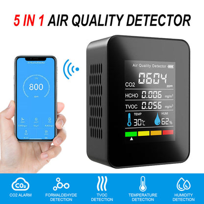 Portable TVOC HCHO CO2 Air Quality Detector Temperature Humidity Tester Monitor, White