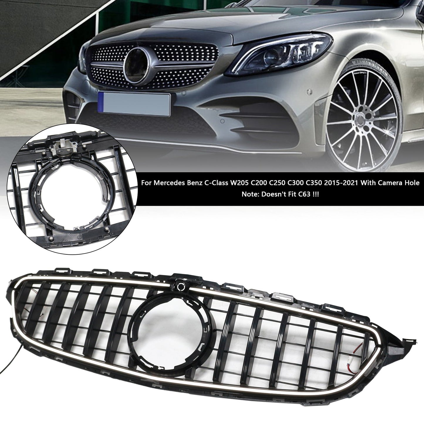2015-2021 Mercedes Benz C-Class W205 C200 C250 C300 C350 Black Front Bumper Grill Grille W/LED
