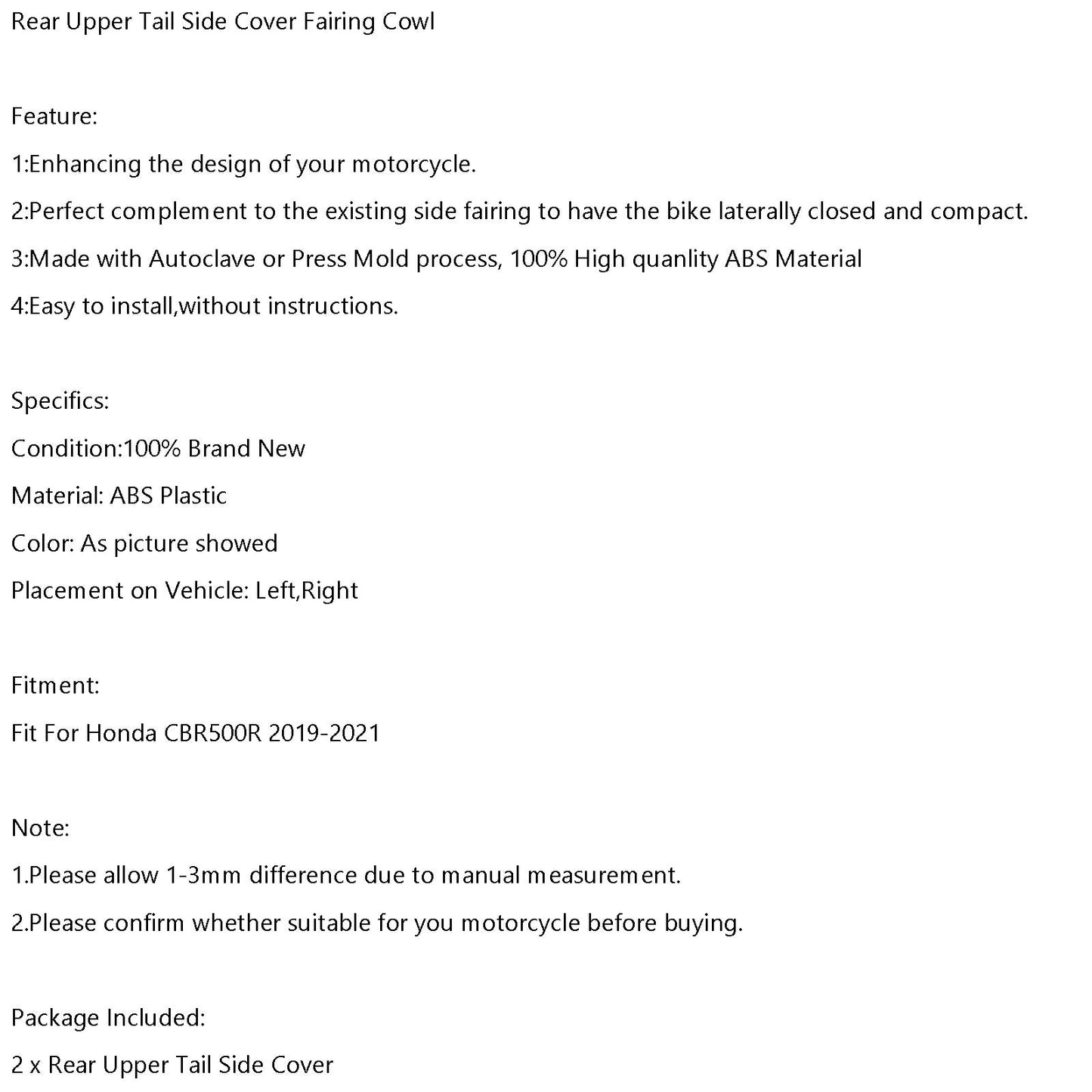 Rear Upper Tail Side Cover Fairing Cowl For Honda CBR500R 2019-2021