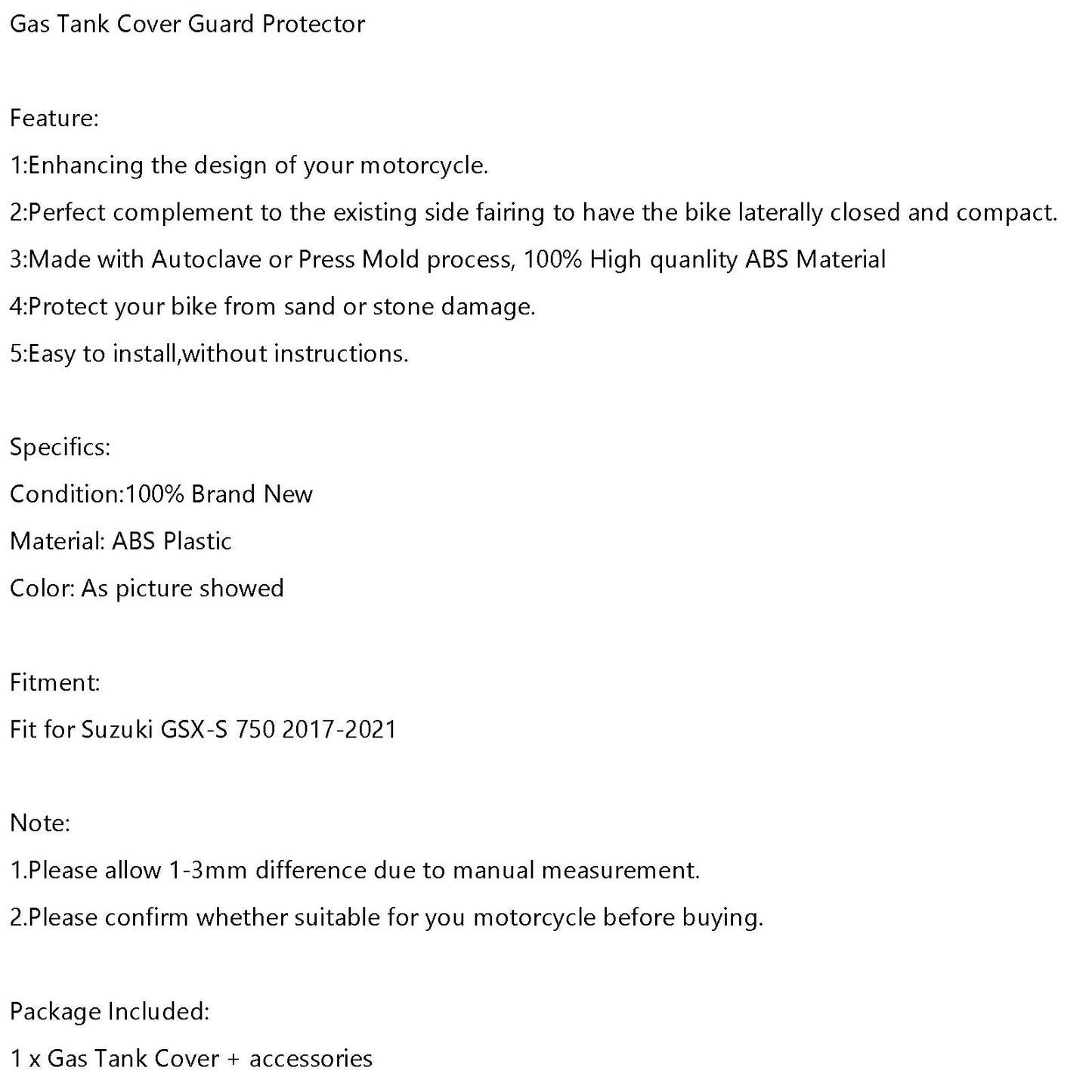 2017-2021 Suzuki GSX-S 750 GSXS Gas Tank Cover Guard Protector