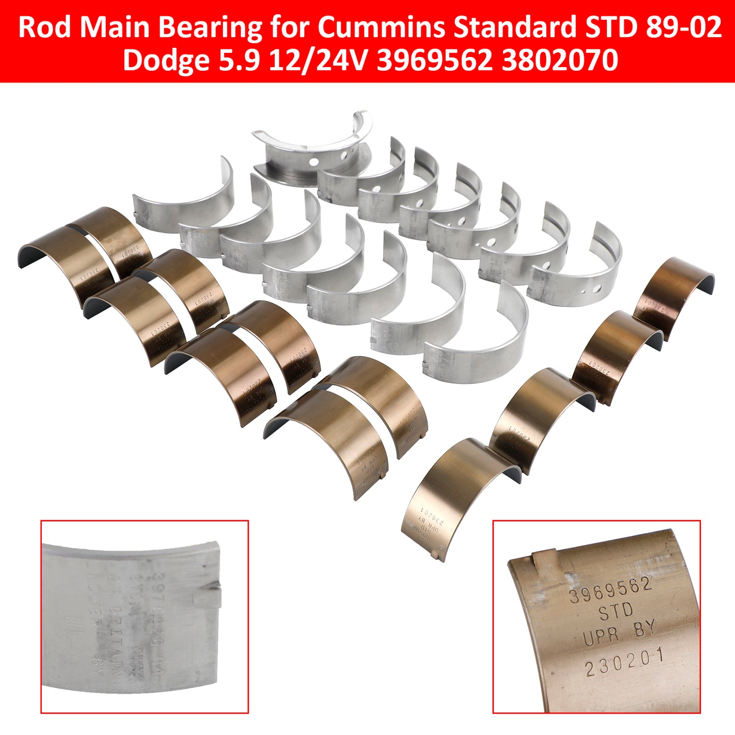 89-02 Dodge 5.9 12/24V Cummins Standard STD 3969562 3802070 Rod Main Bearing