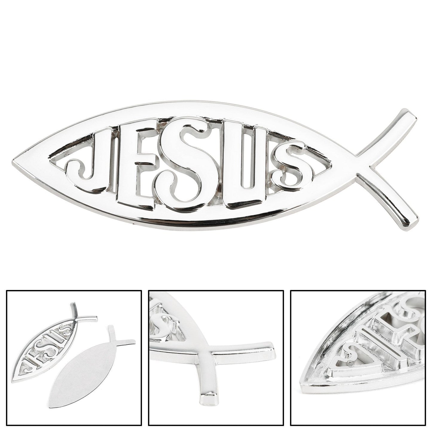 Jesus Christian Fish Symbol Silver 3D Car Decal Emblem Sticker Religious God