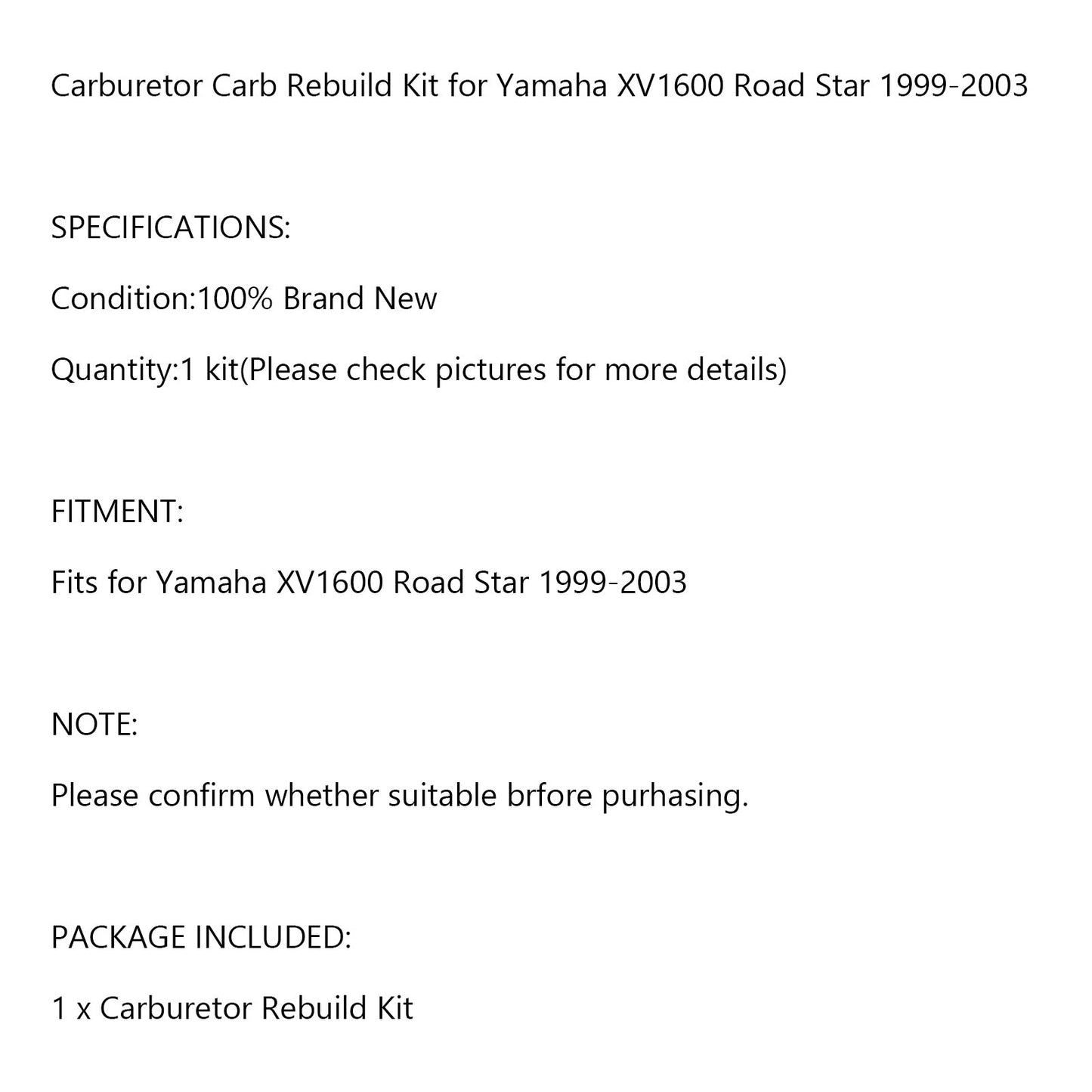 Carburetor Repair Kit Replacement for Yamaha XV1600 Road Star 1999-2003