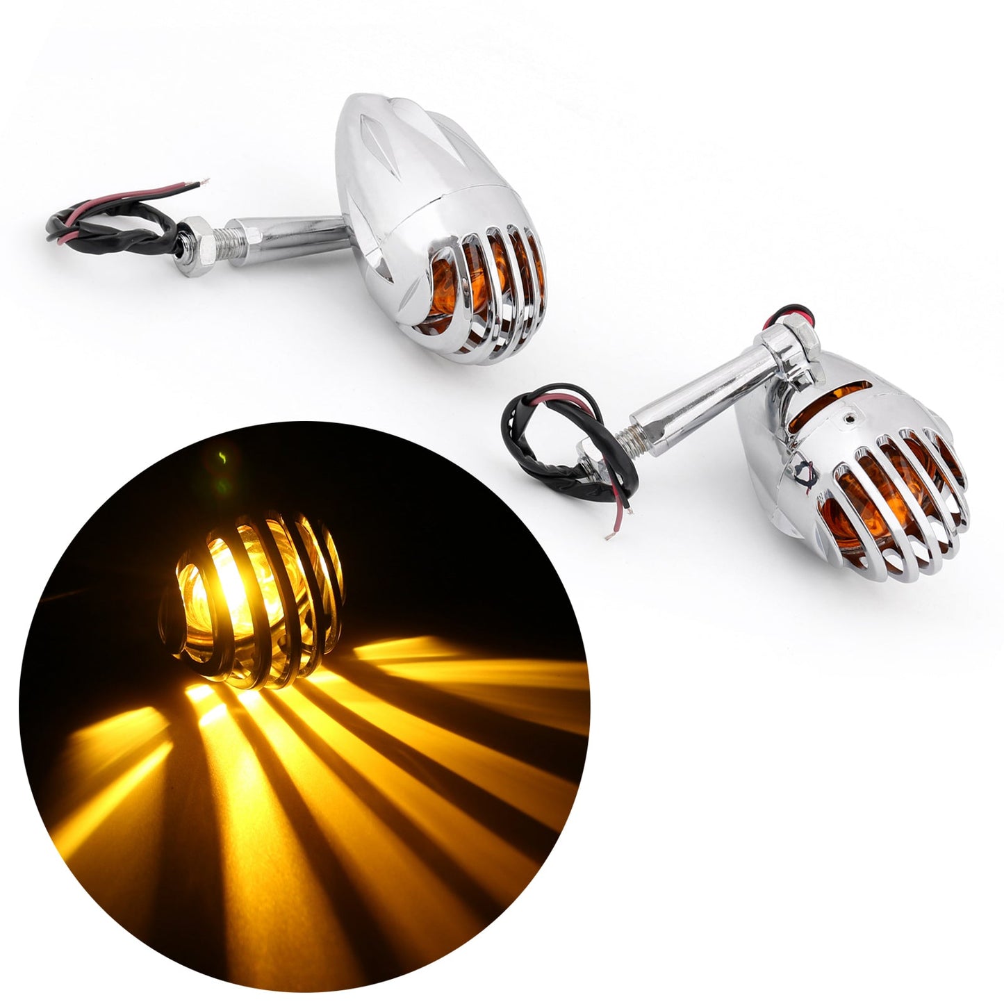 2pcs Motorcycle Turn Signals Grill Bullet Amber Indicator Lights L0 Chrome Champoo
