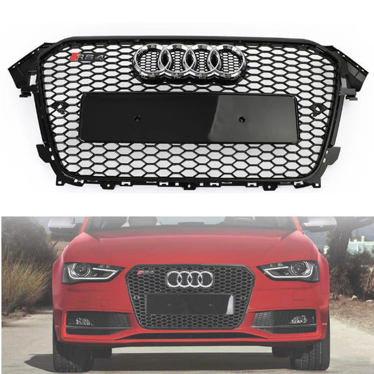 RS4 Style Gloss Black Mesh Grill For 2012-2016 Audi A4 A4 Sline S4 Front Bumper With Silver Chrome Ring Emblem