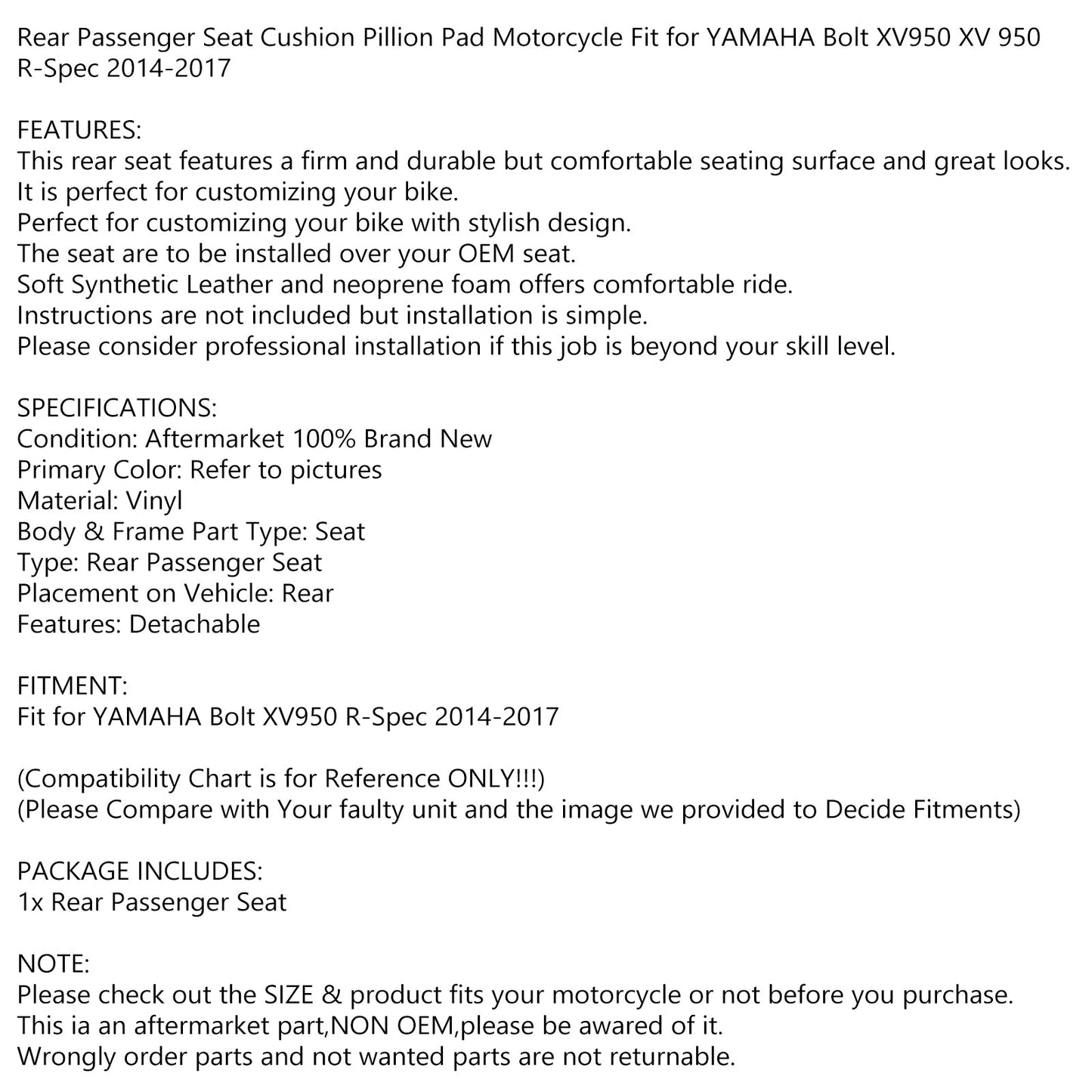 Rear Passenger Back Seat Pillion Saddle Fit For Yamaha Bolt Xv950 14-17