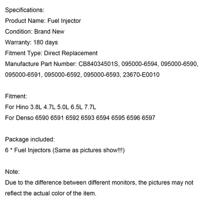 Hino 3.8L 4.7L 5.0L 6.5L 7.7L 6PCS Fuel Injectors 095000-6593 CB84034501S 095000-6594