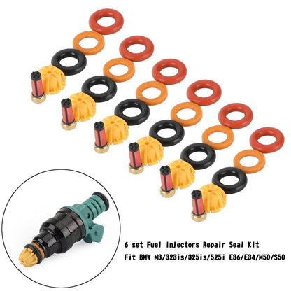 1991-1995 BMW 525I 6 set Fuel Injectors Repair Seal Kit 0280150415 13641730060 13641730080 62429 FJ292