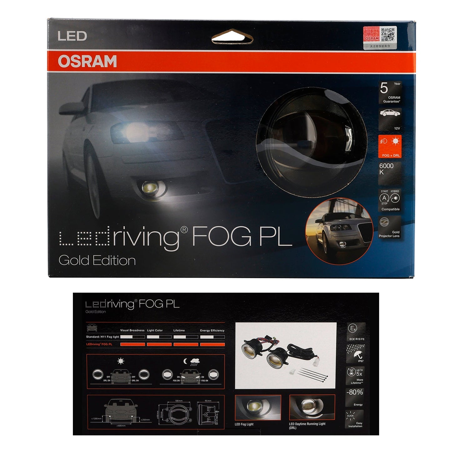 OSRAM Car Light Ledtiving FOG DRL Gold Edition 90MM 6000K LED FOG103-Gold