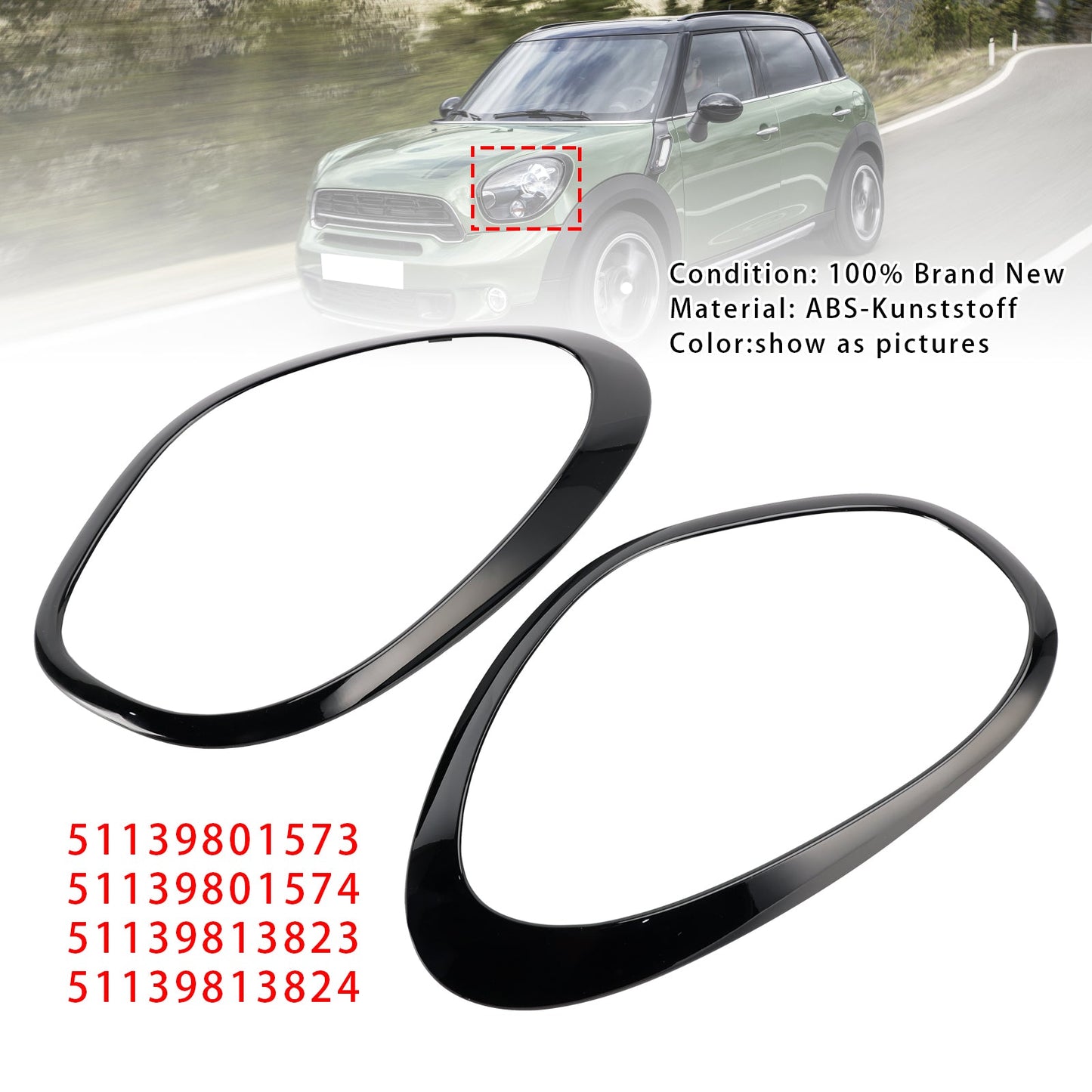 2011-2016 MINI Cooper R60 Countryman (Submodel: Base, S, S ALL4) 2pcs Gloss Black Headlights Ornamental Ring 51139801573 51139801574