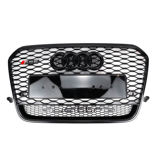 RS6 Style Honeycomb Grille For 2012-2015 Audi A6 A6 Sline S6 Black Front Bumper Grill With Ring Emblem Quattro