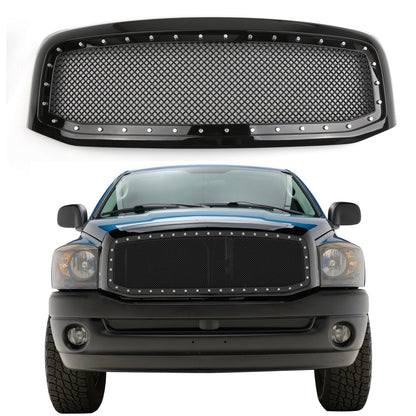 Dodge Ram 1500 2500 3500 2006-2008 Mesh Rivet Grill Replacement Front Hood Black / Chrome Grille
